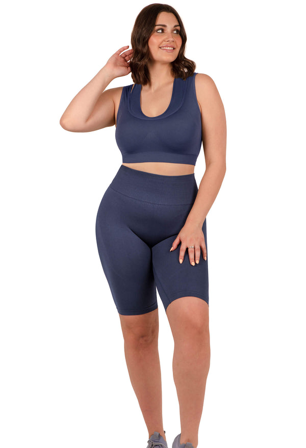 Plus Size Sports Bra - Triple-layer Support Racer & High Waist Long Biker Shorts