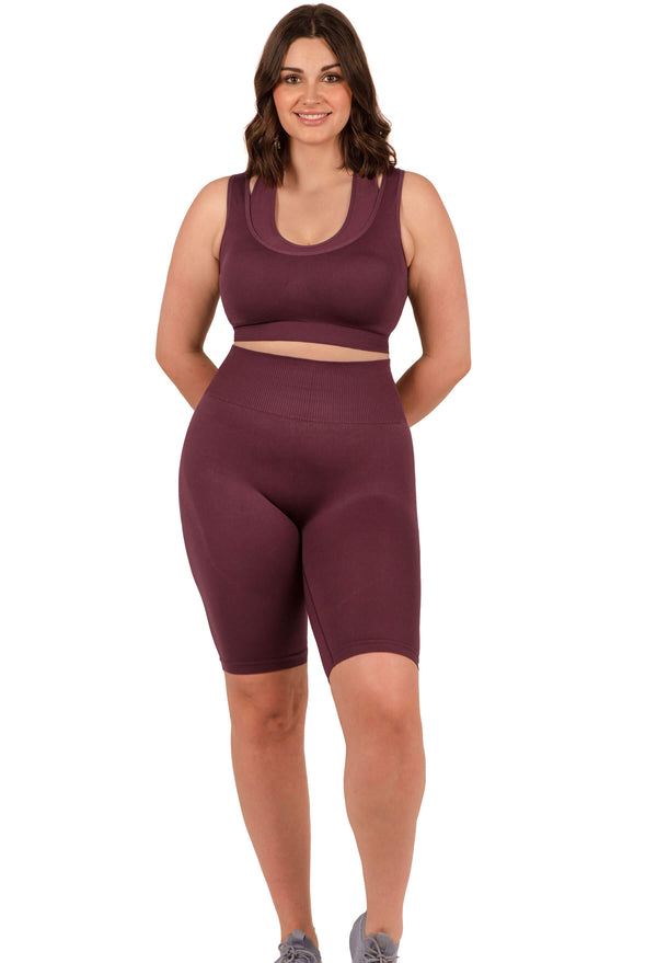 Plus Size Sports Bra - Triple-layer Support Racer & High Waist Long Biker Shorts
