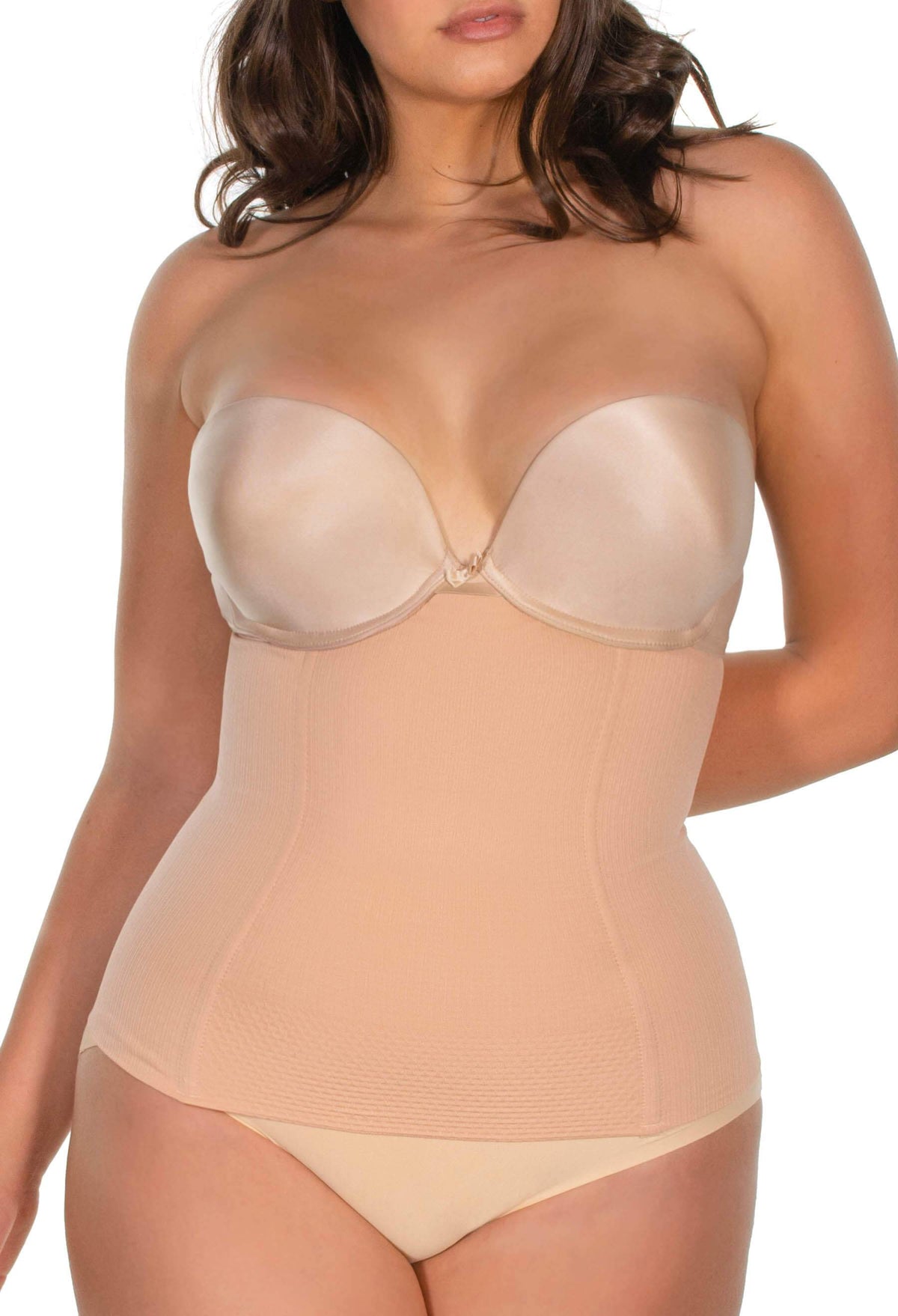 Maximum Tummy Control Belly Band in nude, close up of the flexible boning that keeps it from rolling