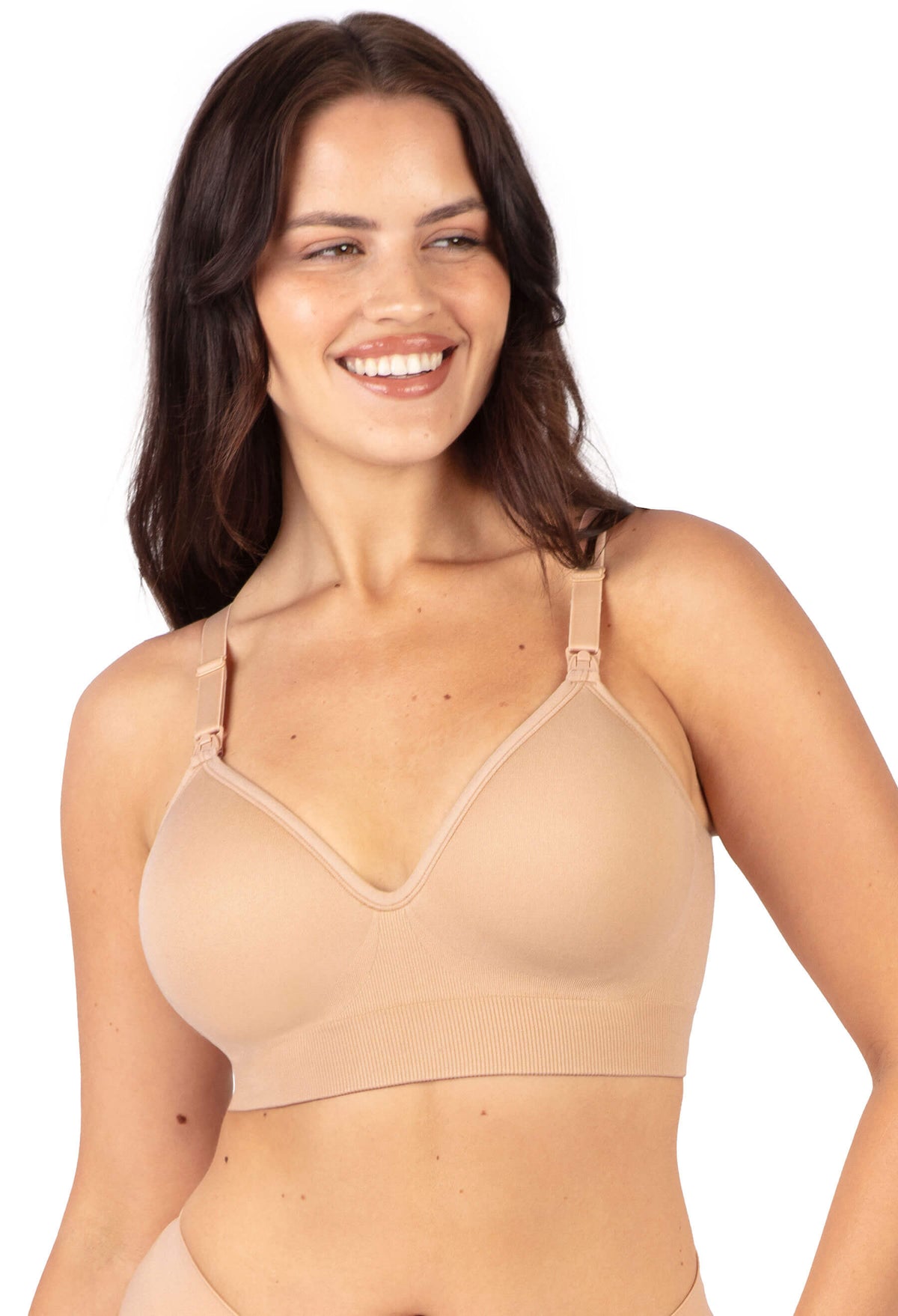 Moulded Cup Nursing Bra in nude, wire-free with lightly padded moulded cups and a plunge neckline for shape without underwire