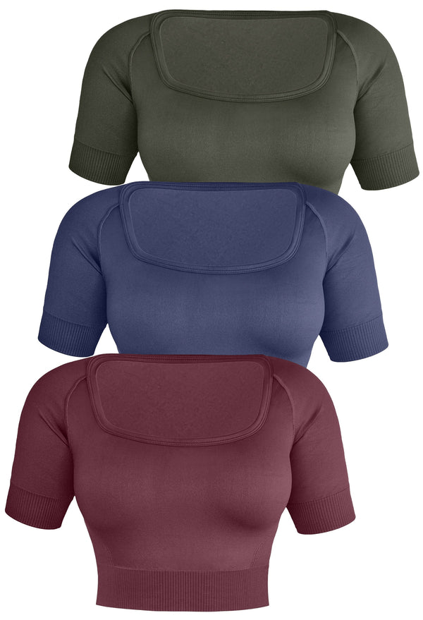 Square Neck Short Sleeve Crop Top - 3 Pack