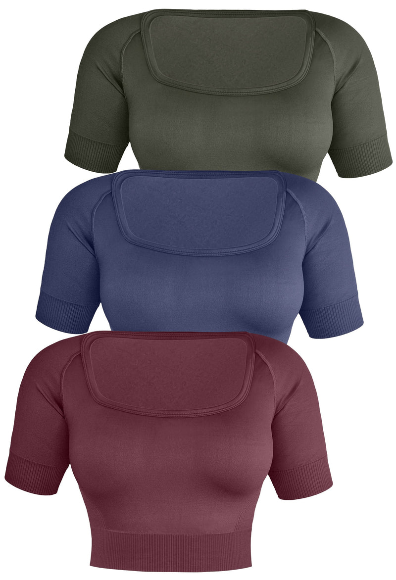 Square Neck Short Sleeve Crop Top - 3 Pack
