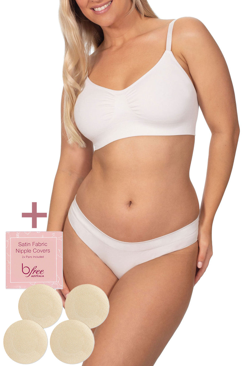 White Bamboo Padded Wire Free Bra and Bikini Set With FREE Nipple Covers