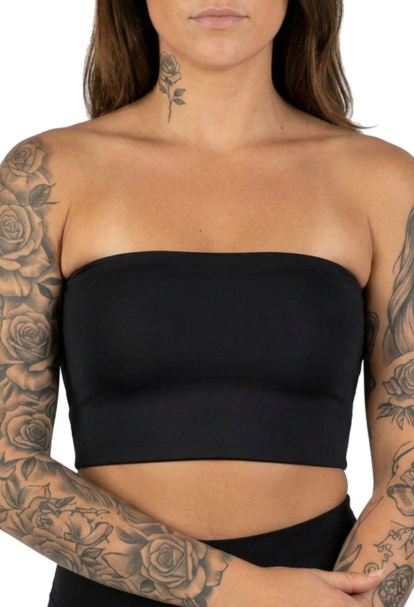 Model wearing compression chest binder with natural movement and all-day comfort support