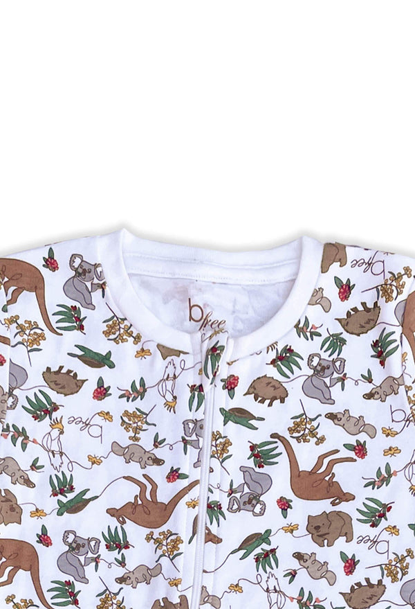 100% Organic Cotton 2-Way Zip Baby Sleepsuit with Foldable Mitts - Native Aussie Animals