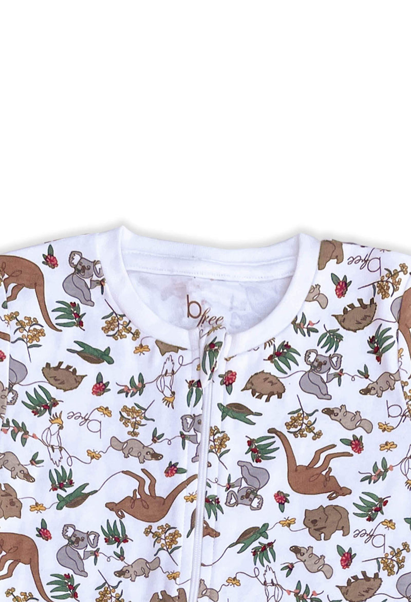 100% Organic Cotton 2-Way Zip Baby Sleepsuit with Foldable Mitts - Native Aussie Animals